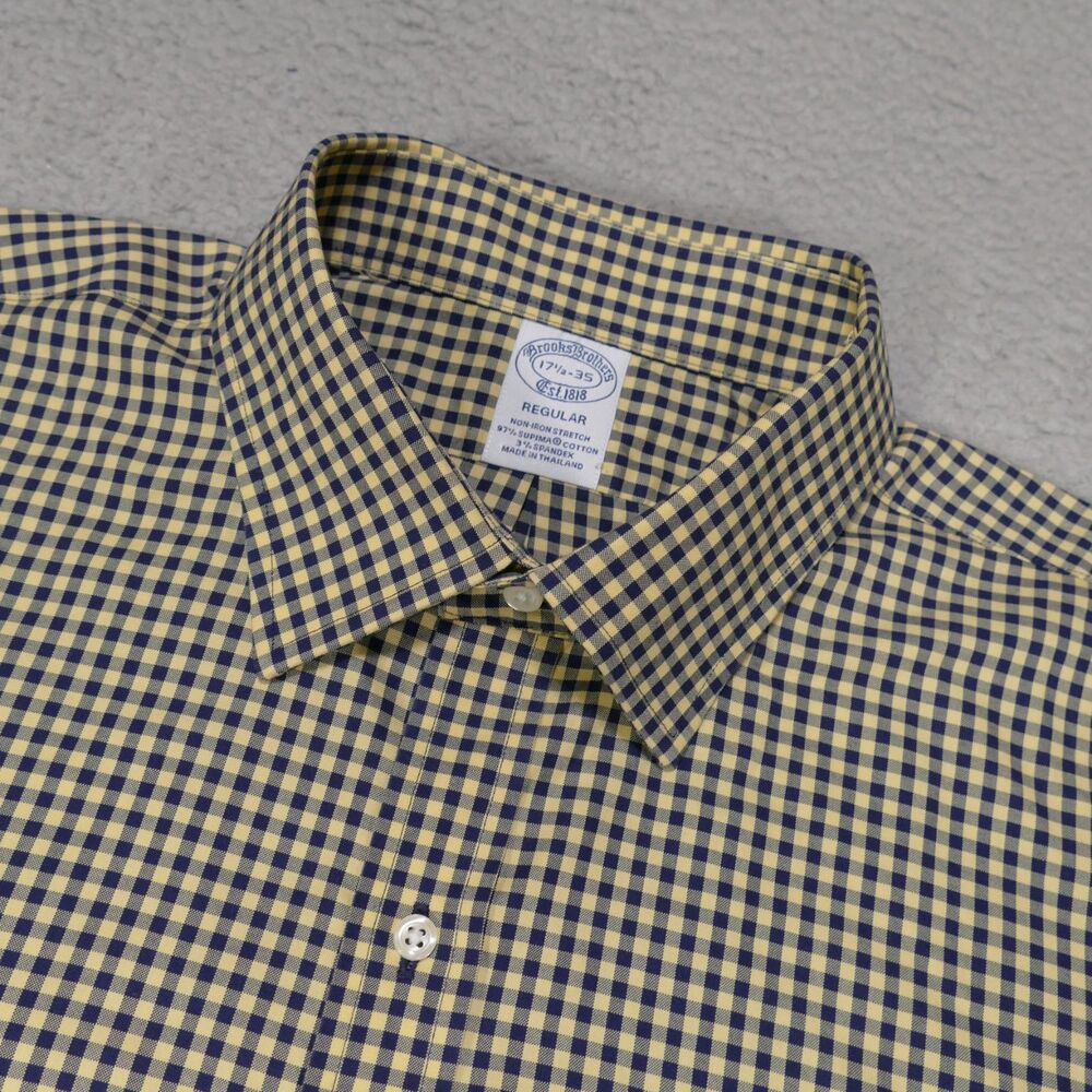 Brooks Brothers Shirt Mens 17 1/2-35 Yellow Blue Check Button Up Long Sleeve